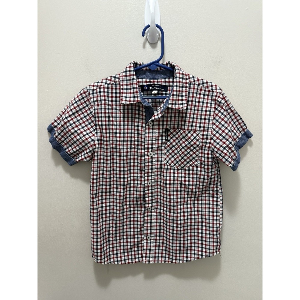 Ben Sherman Boys' Red, White & Navy Checkered Short Sleeve Shirt – Size 6‎